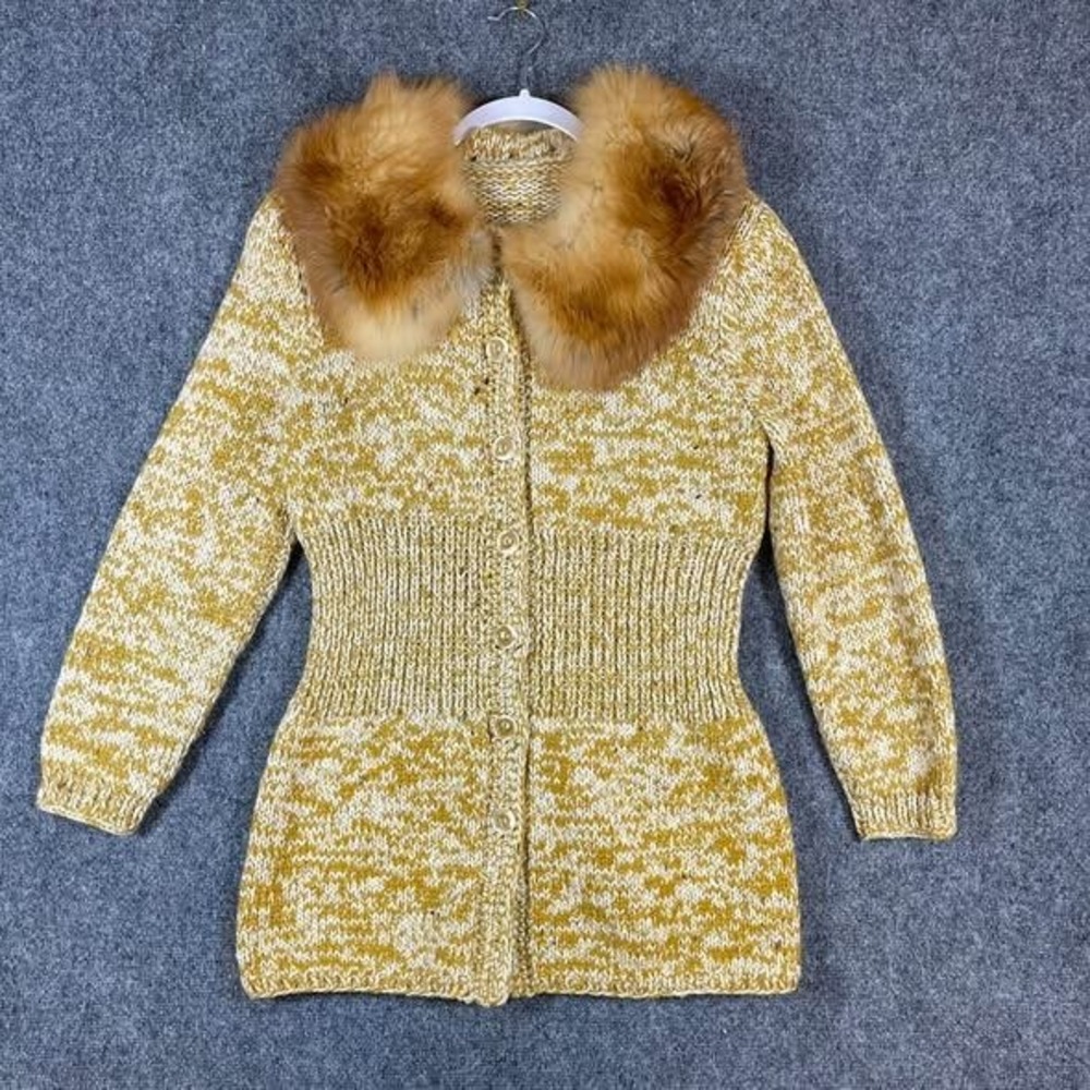 Vintage Handmade Knitted Sweater Womens‎ Small Fox Fur Collar Mustard Yellow 80s